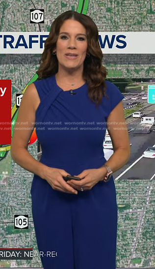 Heather’s blue twisted asymmetric jumpsuit on Good Morning America