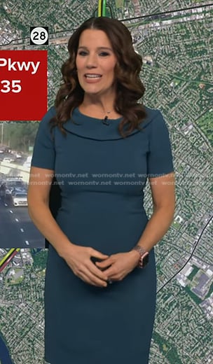 Heather’s teal folded neck dress on Good Morning America