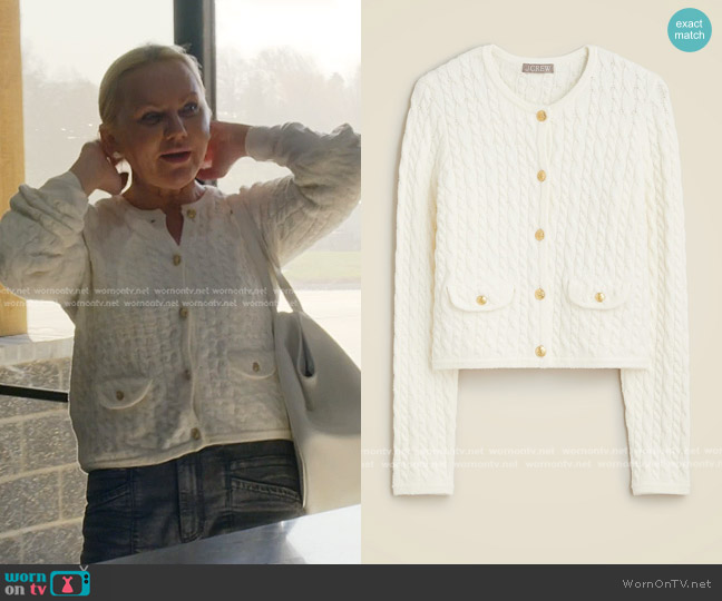 J. Crew Odette Cable-knit Sweater Lady Jacket in cotton-blend bouclé ivory worn by Galyna Saltkovska on The McBee Dynasty Real American Cowboys