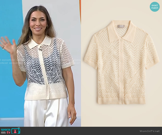 J. Crew Sheer Pointelle Button-up Short-sleeve Cardigan in Cashmere Warm Sesame worn by Melissa Garcia on Today