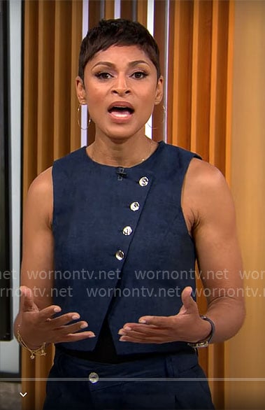 Jericka Duncan’s blue asymmetric vest and pants set on CBS Mornings