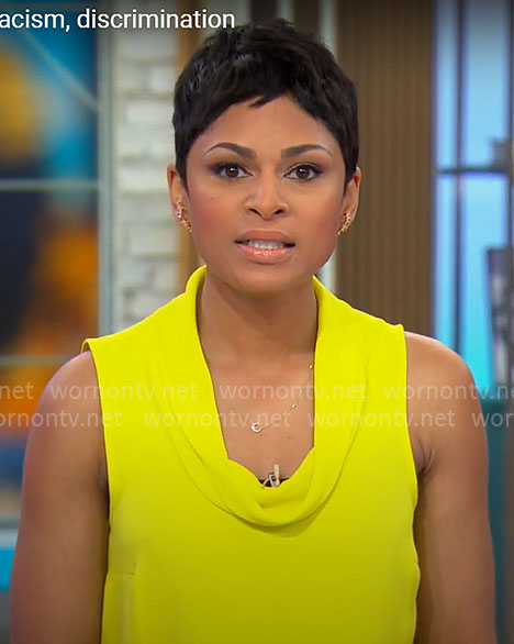 Jericka Duncan’s yellow cowl neck top on CBS Mornings