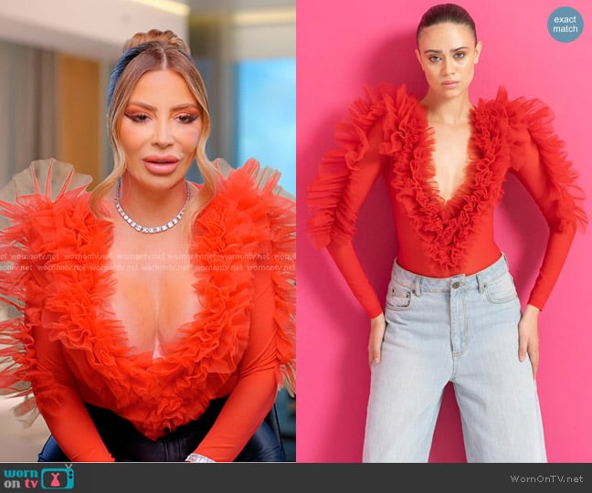 Jessica Bara Heraya Deep V-Neck Ruffle Bodysuit worn by Larsa Pippen (Larsa Pippen) on The Real Housewives of Miami