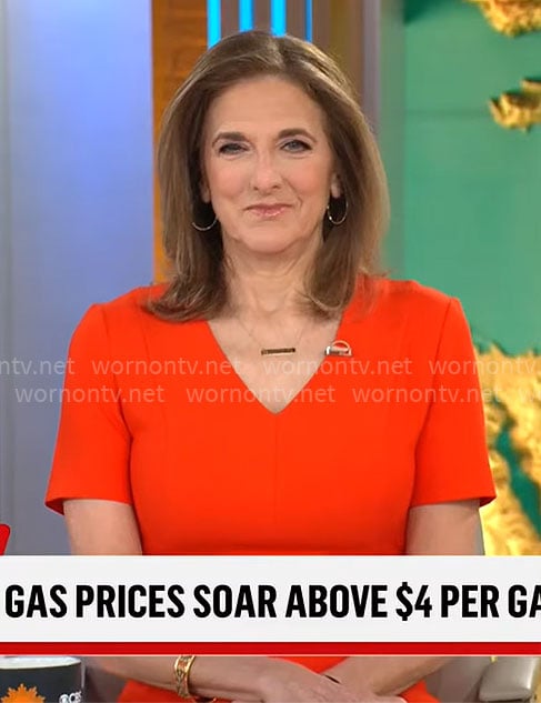 Jill Schlesinger’s red v-neck short sleeve dress on CBS Mornings