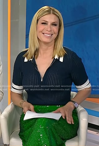 Jill’s navy stripe trim polo and green sequin skirt on Today