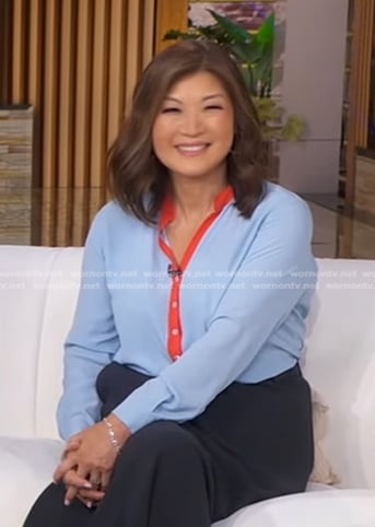 Juju’s blue blouse with orange trim on Good Morning America