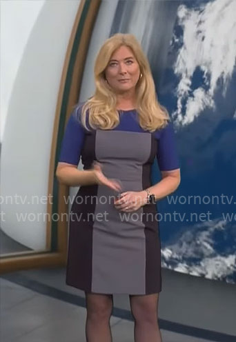 Kelly Cass’s grey and blue colorblock dress on CBS Mornings
