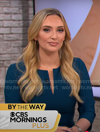 Kelly O’Grady’s teal split-neck dress on CBS Mornings