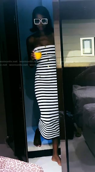 Kiki’s stripe strapless dress on The Real Housewives of Miami