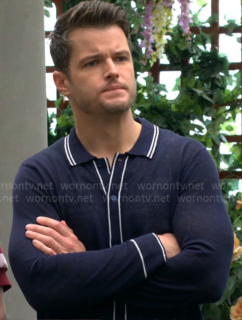 Kyle’s navy button front knit shirt with stripe collar on The Young and the Restless