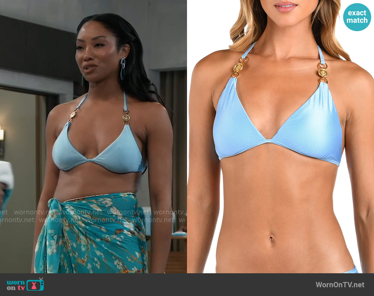 L'Agence Annabelle Triangle Bikini Top in Sky worn by Jordan Ashford (Tanisha Mariko Harper) on General Hospital