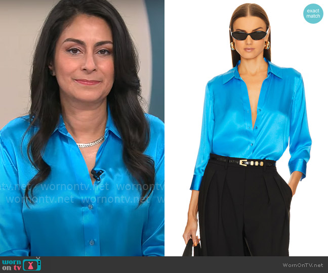 L'Agence Dani 3/4 Sleeve Blouse in Neon Blue worn by Dr. Celine Gounder on CBS Mornings