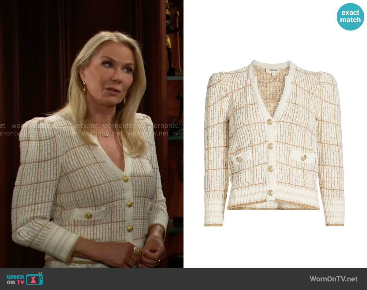 L'Agence Jenni Cardigan in Ivory/Cappuccino Multi worn by Brooke Logan (Katherine Kelly Lang) on The Bold and the Beautiful