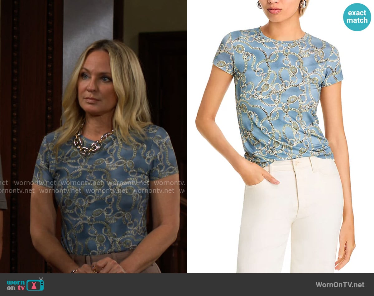 L'Agence Ressi Tee in Slate Blue/Silver Good Luck Chain worn by Sharon Newman (Sharon Case) on The Young and the Restless
