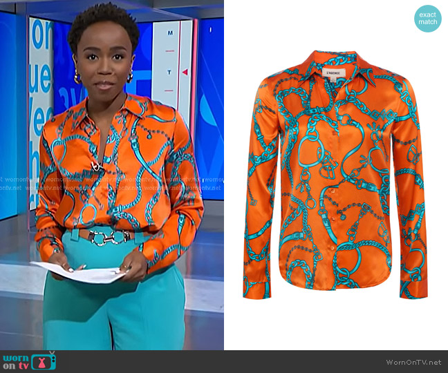L'Agence Tyler Silk Blouse in Orange/Teal Buckle Chain worn by Zinhle Essamuah on NBC News Daily