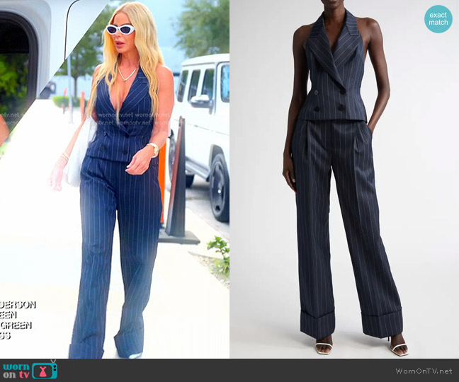 LaQuan Smith Pinstripe Tailored Halter Vest in Navy worn by Alexia Echevarria (Alexia Echevarria) on The Real Housewives of Miami