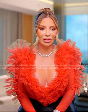 Larsa’s red ruffle tulle confessional bodysuit on The Real Housewives of Miami