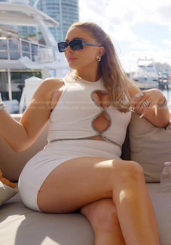 Larsa’s white cutout top and mini skirt on The Real Housewives of Miami