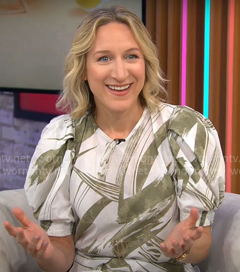 Lauren Iannotti’s brushstroke print top and skirt set on CBS Mornings