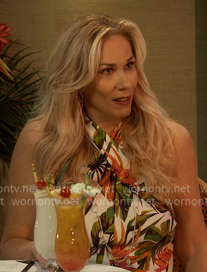 Leanne’s tropical print cross-neck dress on Leanne