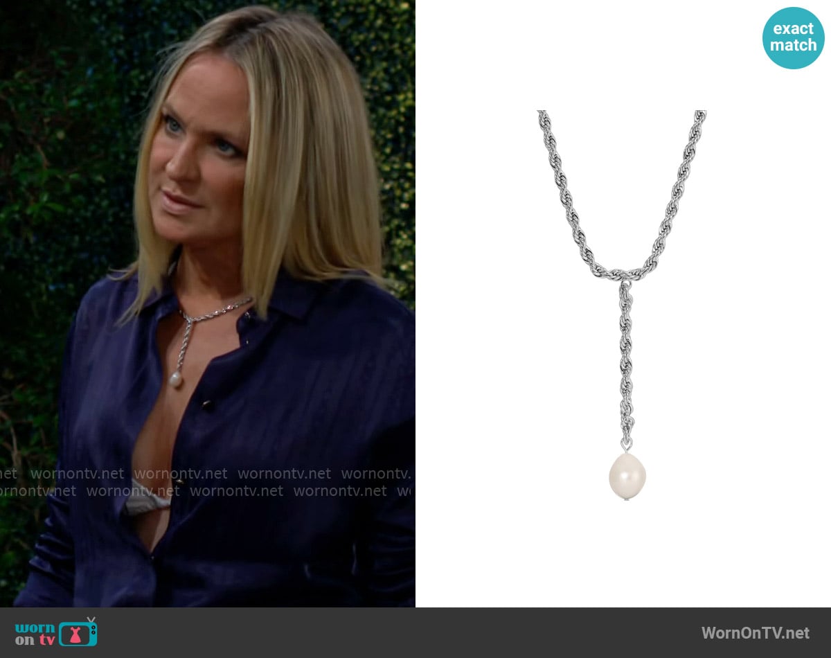 Leeada Jewelry Bryn Pearl Lariat Necklace in Silver worn by Sharon Newman (Sharon Case) on The Young and the Restless