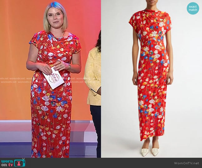 Lela Rose Floral Print Draped Sheath Dress in Poppy worn by Jenna Bush Hager on Today