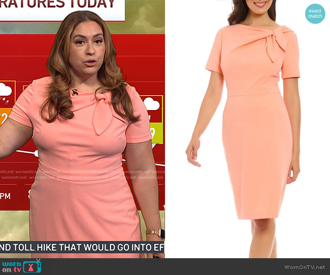 London Times Tie Neck Short Sleeve Sheath Dress in Peach worn by Violeta Yas on Today