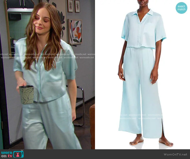 Lunya Washable Silk Pajama Set in Infinity Blue worn by Stephanie Johnson (Abigail Klein) on Days of our Lives