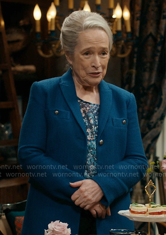 Madeline’s blue tweed jacket with gold buttons on Matlock