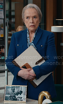 Madeline’s blue tweed jacket with gold buttons on Matlock