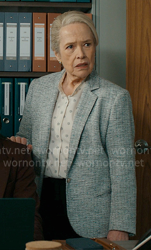 Madeline’s grey tweed blazer and printed shirt on Matlock