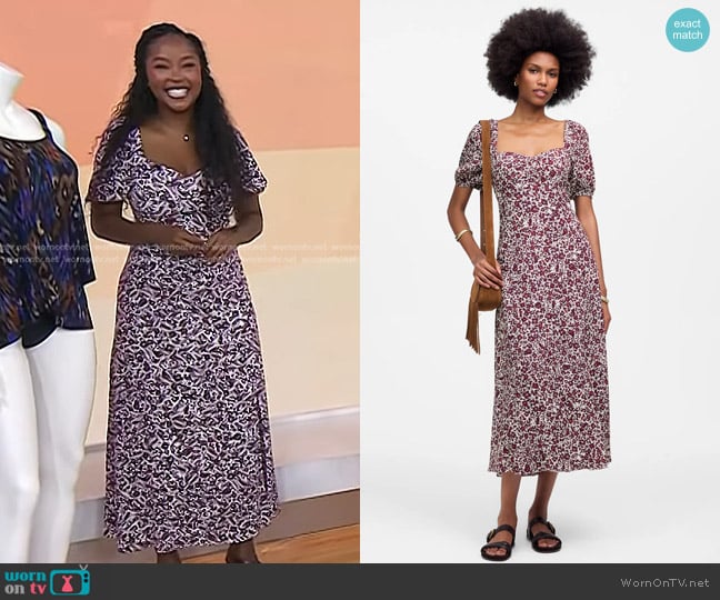 Madewell Puff Sleeve Sweetheart Midi Dress in amanda floral and ivory worn by Makho Ndlovu on Today