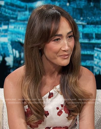 Maggie Q’s white floral one-shoulder mini dress on Access Hollywood