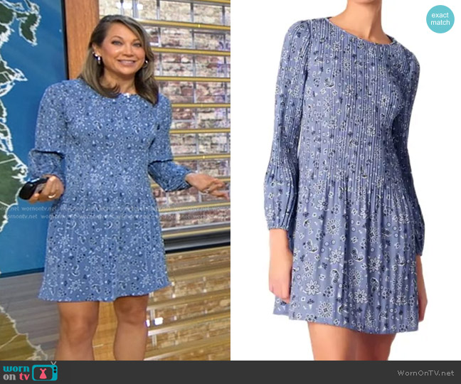 Maje Patterned Pleated Dress in Blue Bandana Print worn by Ginger Zee on Good Morning America