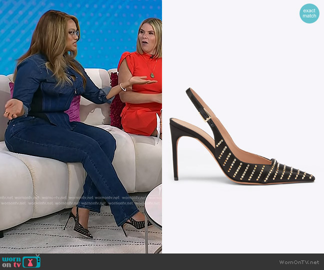 Malone Souliers Jazz 90 Black Satin Embellished Slingbacks worn by Tyra Banks on Today