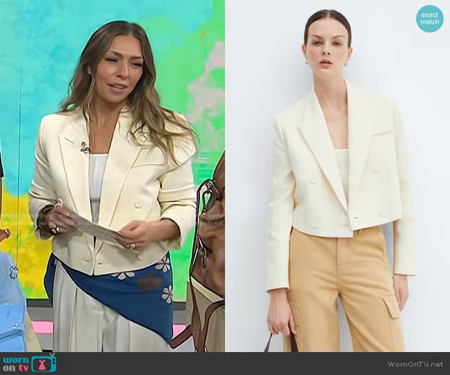 Mango Double-breasted Cropped Jacket in Ecru worn by Melissa Garcia on Today