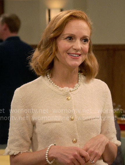 Mary’s cream fringe-trim jacket on Leanne