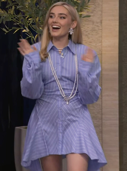 Meg Donnelly’s blue striped asymmetric dress on Live with Kelly and Mark