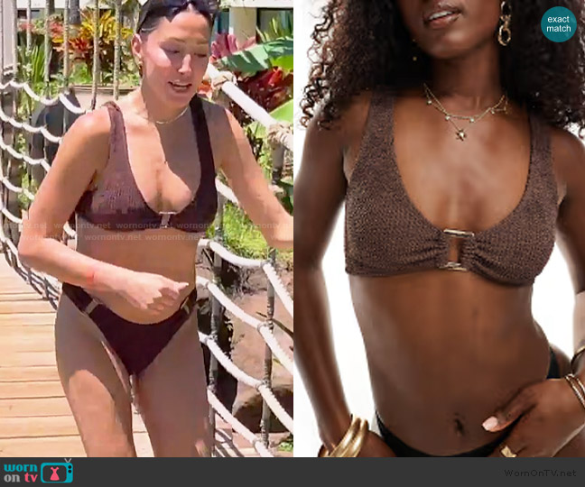 Megan crinkle scoop bikini top with square trim in coffee worn by Melissa Carelli on The Valley