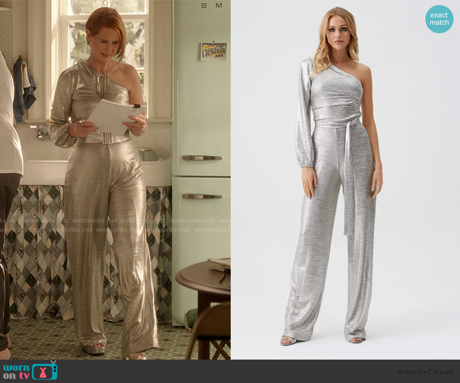 Melissa Odabash Charlie Metallic One Shoulder Jumpsuit worn by Miranda Hobbs (Cynthia Nixon) on And Just Like That