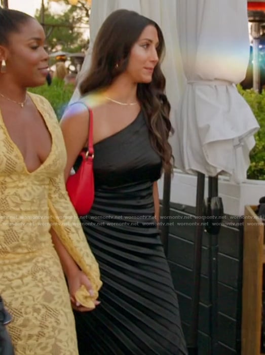 Melissa’s black pleated one shoulder dress on The Valley