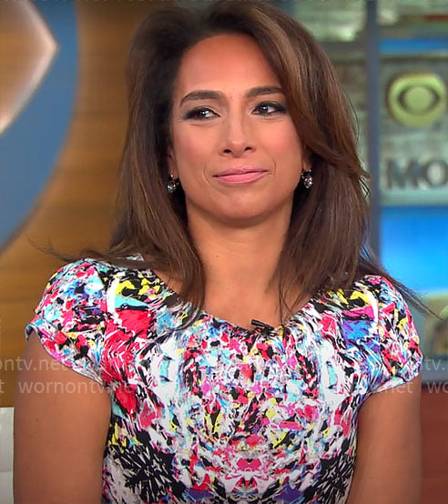 Michelle Miller’s abstract print cap-sleeve dress on CBS Mornings