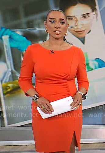 Michelle Miller’s orange ruched dress on CBS Mornings