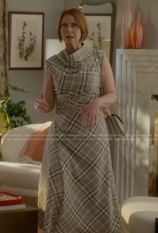 Miranda’s plaid gathered dress on And Just Like That