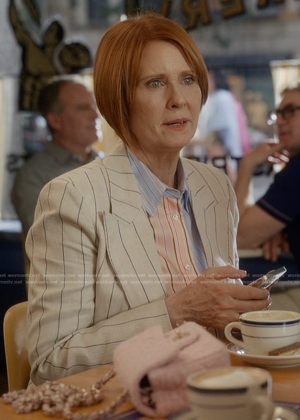 Miranda’s colorblock striped shirt on And Just Like That