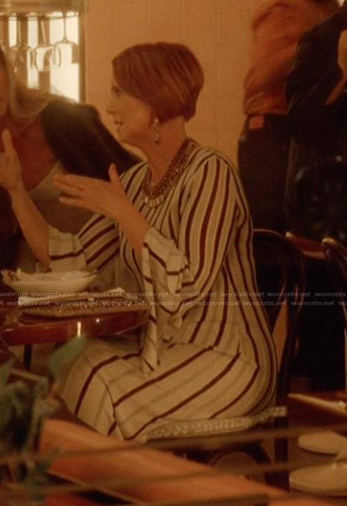 Miranda’s striped bell sleeve dress on And Just Like That