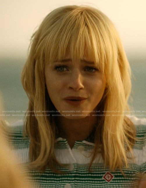 Mirren’s green stripe knit polo on We Were Liars