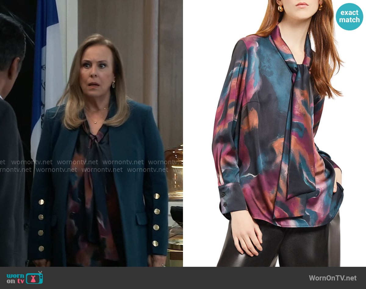 Misook Tie Neck Crêpe de Chine Blouse worn by Laura Collins (Genie Francis) on General Hospital