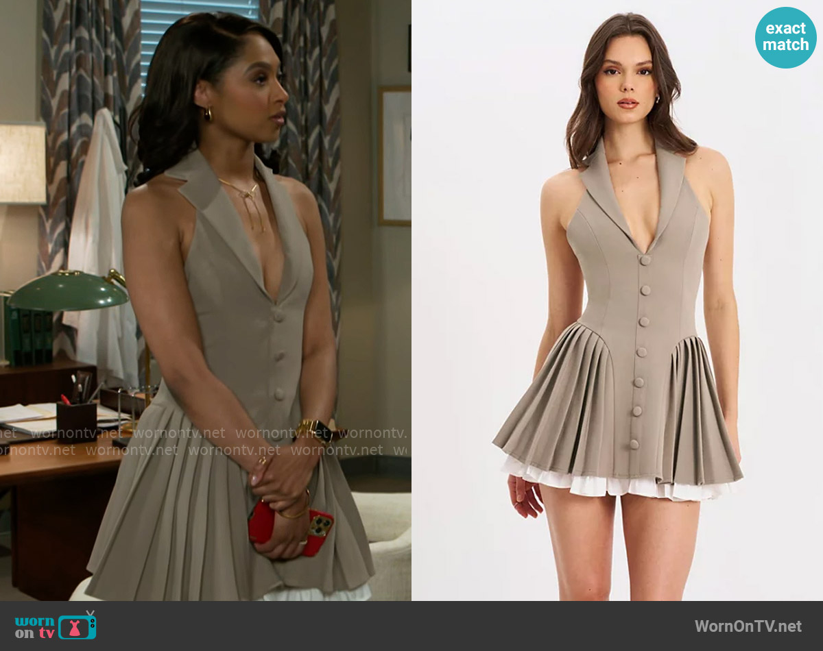 Miss Circle Hazel Brown Preppy Halter Neck Pleated Mini Dress worn by Kat Richardson (Colby Muhammad) on Beyond the Gates