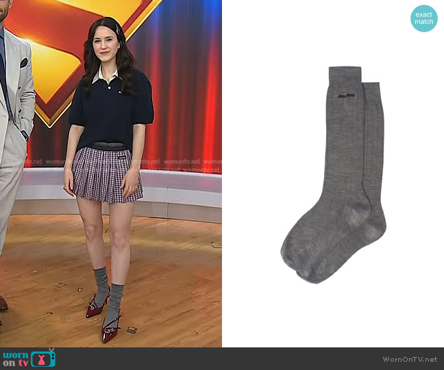 Miu Miu Logo-Knit Silk Socks in ardesia worn by Rachel Brosnahan on Today